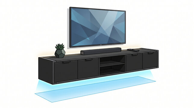 Modern Black Floating TV Cabinet Console with Television Screen Vector Illustration