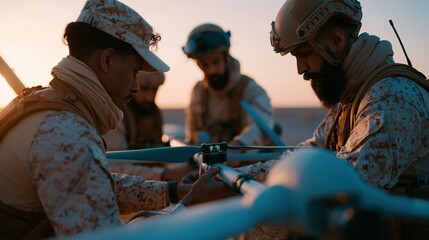 Naklejka premium Military personnel in desert camouflage inspecting a drone during a reconnaissance mission at sunset