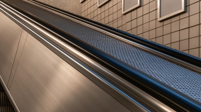 Modern Escalator Moving Staircase with Metallic Handrail and Tiled Wall Background