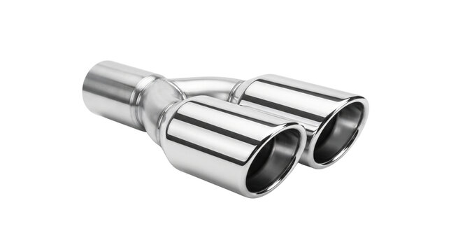 Polished chrome dual exhaust tip, stainless steel car muffler pipe, high performance automotive tailpipe component isolated PNG with Transparent Background