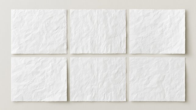 Six Square Wrinkled White Paper Sheets Arranged in a Grid on a Neutral Background