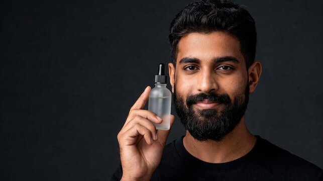 Confident Bearded Man Holding Premium Beard Grooming Oil