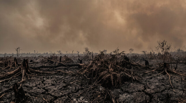 Scorched Earth and Cracked Ground After Severe Forest Fire and Drought - Landscape