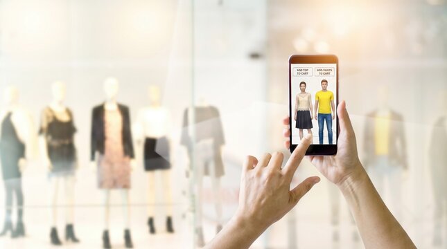 Person using smartphone app for virtual clothing try-on experience, augmented reality fashion shopping, digital fitting room interface showing male and female models