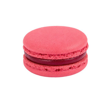 Single vibrant pink macaron with dark berry filling, captured in a studio shot against a clean white background