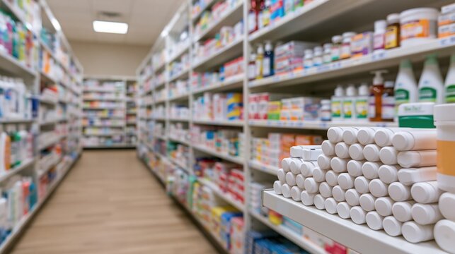 Rows of over-the-counter medications and health products displayed on shelves in a brightly lit pharmacy aisle