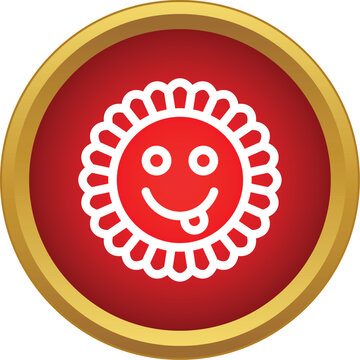 White sun face icon showing a happy emotion inside a red circle with a gold border