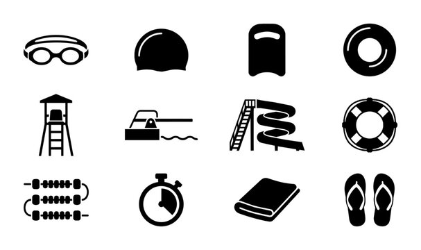 Swimming Pool Icons Set, Aquatic Sports Equipment Vector Graphics, Water Recreation Accessories Collection, Lifeguard Tools and Safety Gear