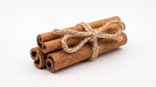 Bunch of natural cinnamon sticks tied with rustic jute twine on a clean white background