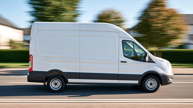 White Cargo Van in Motion on a Suburban Street, Delivering Goods and Services Quickly