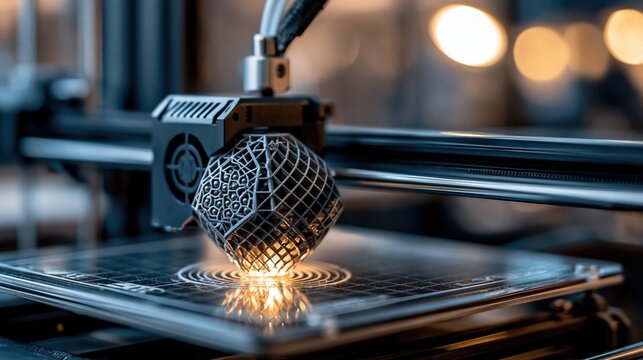 Close-up of a 3D printer head precisely creating a complex geometric object layer by layer