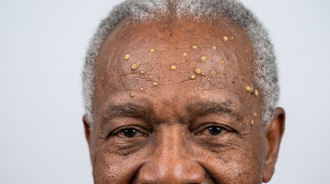 Frontal portrait of senior African man forehead displaying yellow eruptive xanthoma skin papules