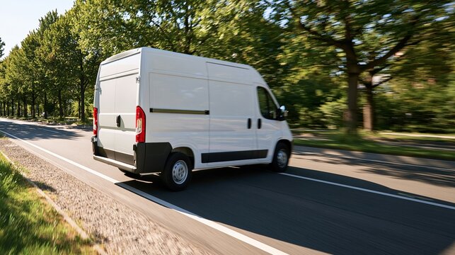 White Cargo Van Driving on a Tree-Lined Road, Delivering Goods and Services
