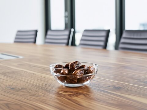 A clear glass bowl brimming with delicious dates rests on a polished wooden table, set within a modern conference room, symbolizing a sweet moment of refreshment amidst business endeavors.