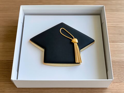 A graduation cap cookie adorned with a golden tassel rests elegantly inside a white gift box, symbolizing academic achievement and sweet success.