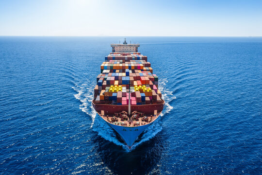 Aerial front view of a heavy loaded, large super cargo container ship sailing over the ocean