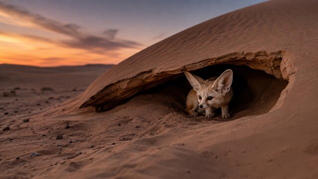 Fennec Fox Peeking from Sand Dune Den in Desert at Sunset. Concept of listening, wind, carved. Copy space.