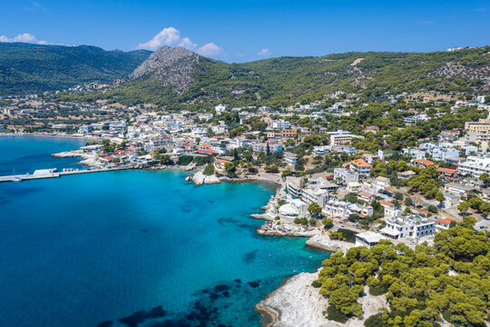 Panoramic aerial summer day view of the coastal town Agia Marina on the Greek island of Aegina, Saronic Gulf, Greece