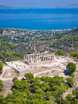 Aerial view of the ancient Temple of Aphaia at the Greek island of Aegina, Saronic Gulf, Greece