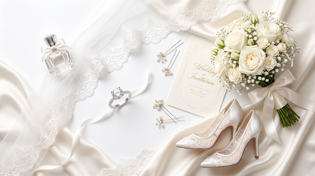 Elegant bridal accessories flat lay, white wedding bouquet and silk shoes, luxury engagement ring with invitation card isolated PNG with Transparent Background