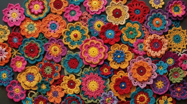 Vibrant crochet flowers in colorful array ,Hispanic Heritage Celebration Month, Latino Ctivalultural Festival, Cinco de Mayo, D&iacute;a de los Muertos, Carnaval, Inti Raymi
