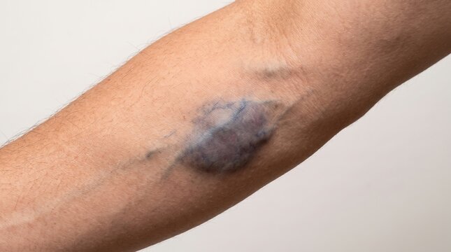 Close up view of dark blue hematoma vein bruise on inner arm skin after blood test
