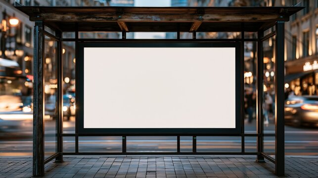 Blank outdoor advertising billboard at a city bus stop at night, with blurred city lights and traffic