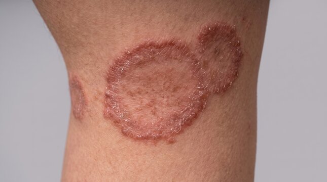 Close up view of circular active ringworm tinea corporis fungal plaques on leg skin