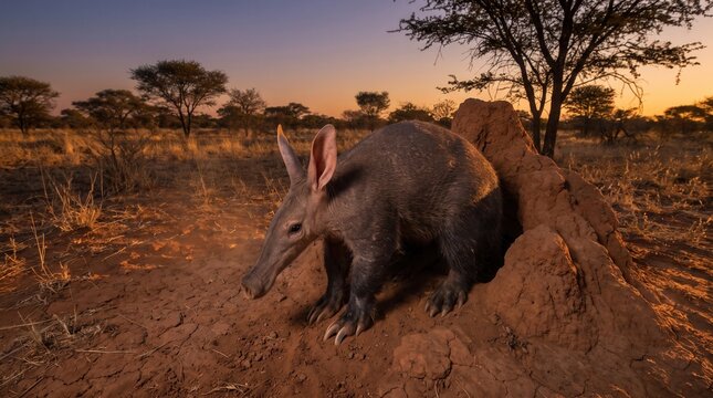 Aardvark Emerging from Termite Mound at Sunset in African Savanna. Concept of african wildlife, safari. Copy space.