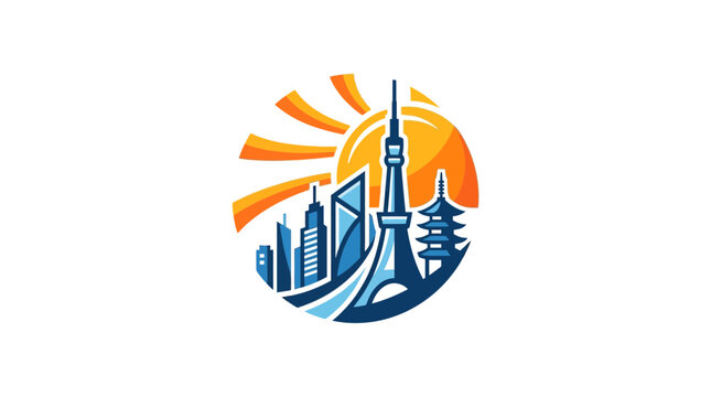 Circular flat vector illustration of Tokyo city skyline with iconic tower pagoda and rising sun
