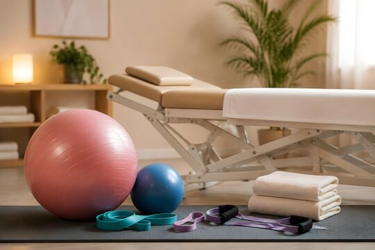 Pelvic Health Therapy Equipment with Exercise Ball Resistance Tools Folded Towels and Clean Treatment Bed