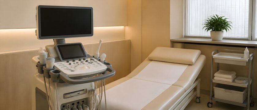 Digestive Health Ultrasound Room with Ultrasound System Blank Display Couch and Plain Gel Bottle Setup