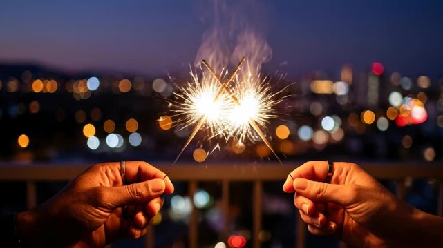 Sparkler spark celebration: Happy New, Year 2027, hold wand, burn bright, night bokeh, balcony view, hand touch, joy share, dark background, golden light, friend meet.