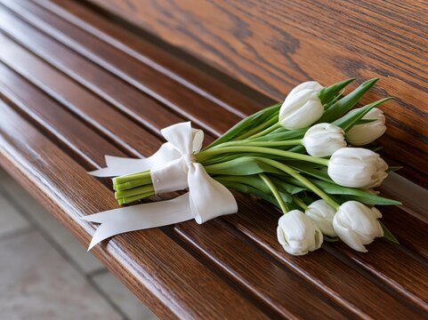 A delicate bouquet of pristine white tulips, tied with a simple satin ribbon, rests elegantly on a polished wooden bench, symbolizing purity and remembrance.