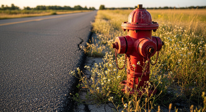 Bright red fire hydrant beside rural roadside grass.