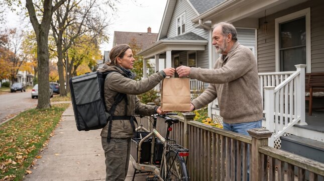 Courier Delivering Food Order in Paper Bag to Senior Man Outdoors Near House. Concept of food delivery, delivery service, courier delivery, senior care.