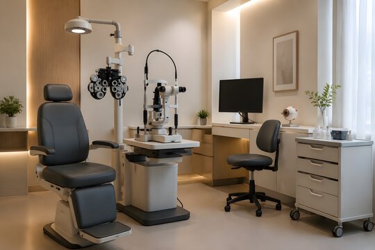 Cataract Consultation Room with Ophthalmic Examination Equipment Blank Monitor Patient Chair and Medical Trolley Photography