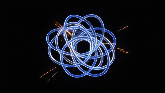 Glowing Blue White Plasma Filament Knot with Orange Sparks on Black Background