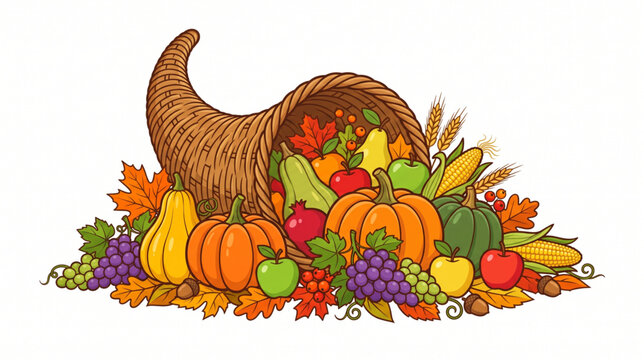 Thanksgiving Cornucopia Horn of Plenty Overflowing with Autumn Harvest Vegetables vector