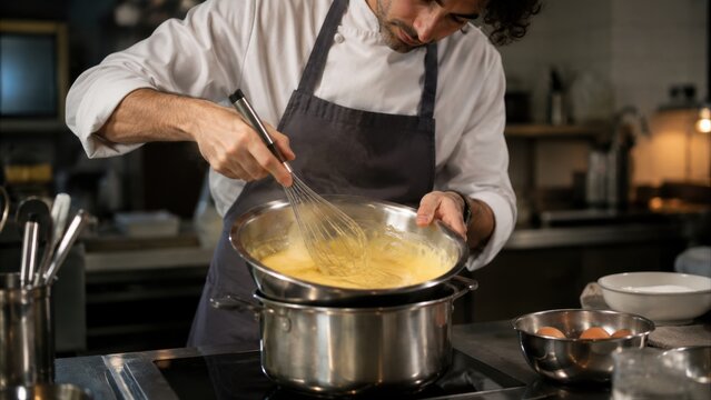 Professional Chef Whisking Cream Sauce in Commercial Kitchen. Concept of zabaglione, pastry, egg, yolks.
