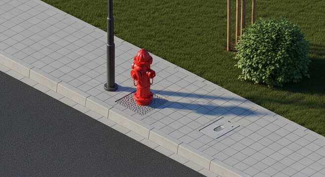 Bright red fire hydrant on urban sidewalk.