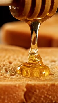 Golden organic honey dripping onto fresh textured bread slice.