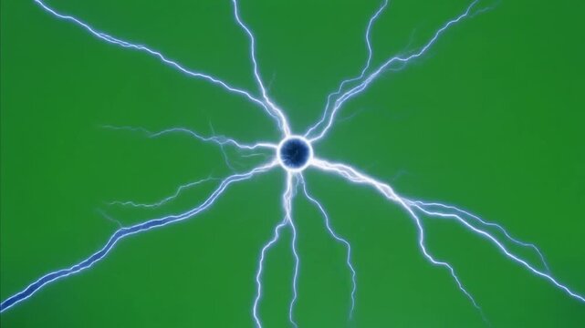 Blue White Electrical Plasma Arcs Radiating from Central Energy Sphere on Green Screen