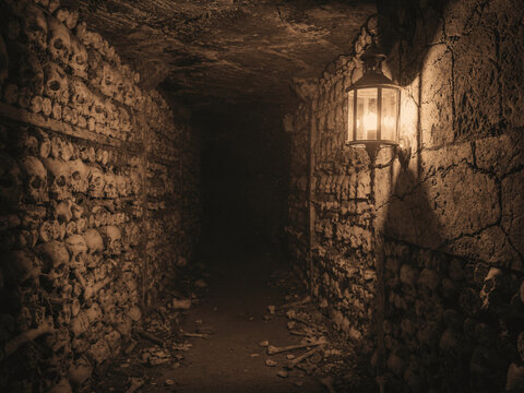 Ossuary Corridor Lit by an Antique Lantern, Stacked Human Skulls and Bones