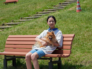Fototapeta premium 真夏の公園で可愛いポメラニアンの子犬を連れて散歩する夏休み中の女子中学生の姿
