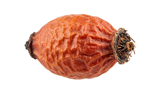 A single dried rosehip berry showcasing a deeply wrinkled dark orange-red skin and a fibrous crown, perfectly capturing the rustic charm of wild seasonal harvesting.