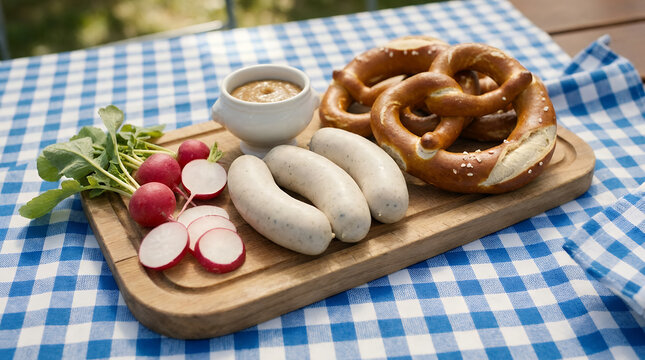 Bavarian breakfast board with white sausages and pretzels.