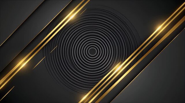 A triptych of dark gray backgrounds with concentric circles and illuminated golden diagonal stripes.