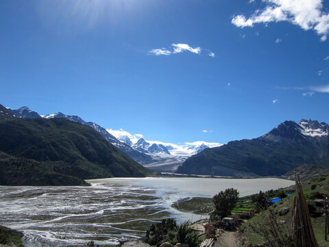 Stunning view of glacier and mountainous landscape under clear sky