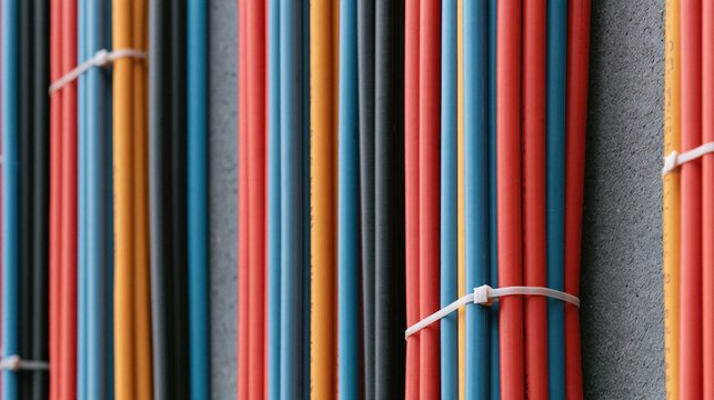 Colorful Electrical Cables Neatly Bundled and Organized Against a Textured Wall Surface